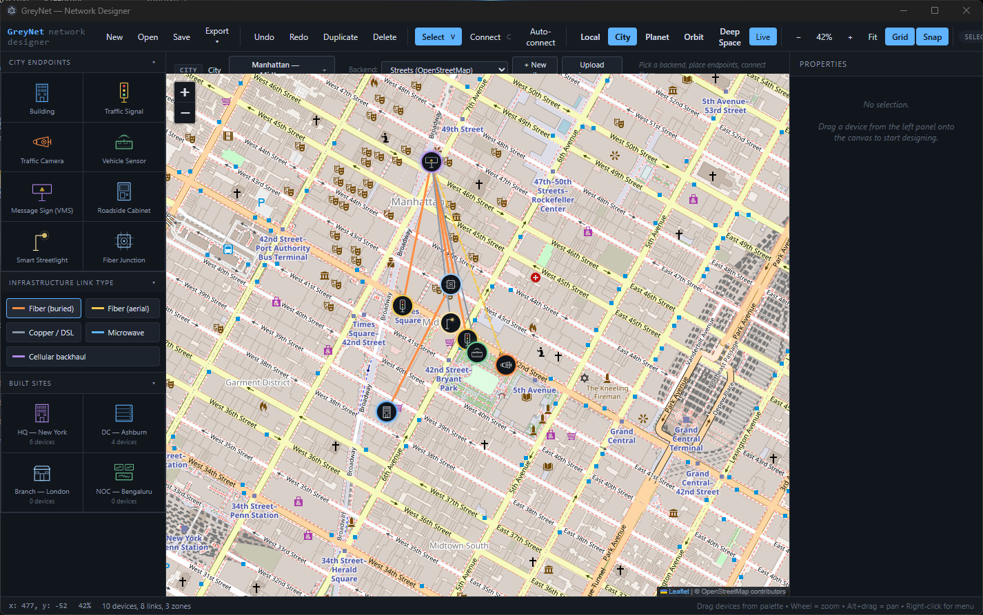 GreyNET city view: traffic cameras, signals, and vehicle sensors pinned across Manhattan on an OpenStreetMap backdrop with fiber and microwave links between them.
