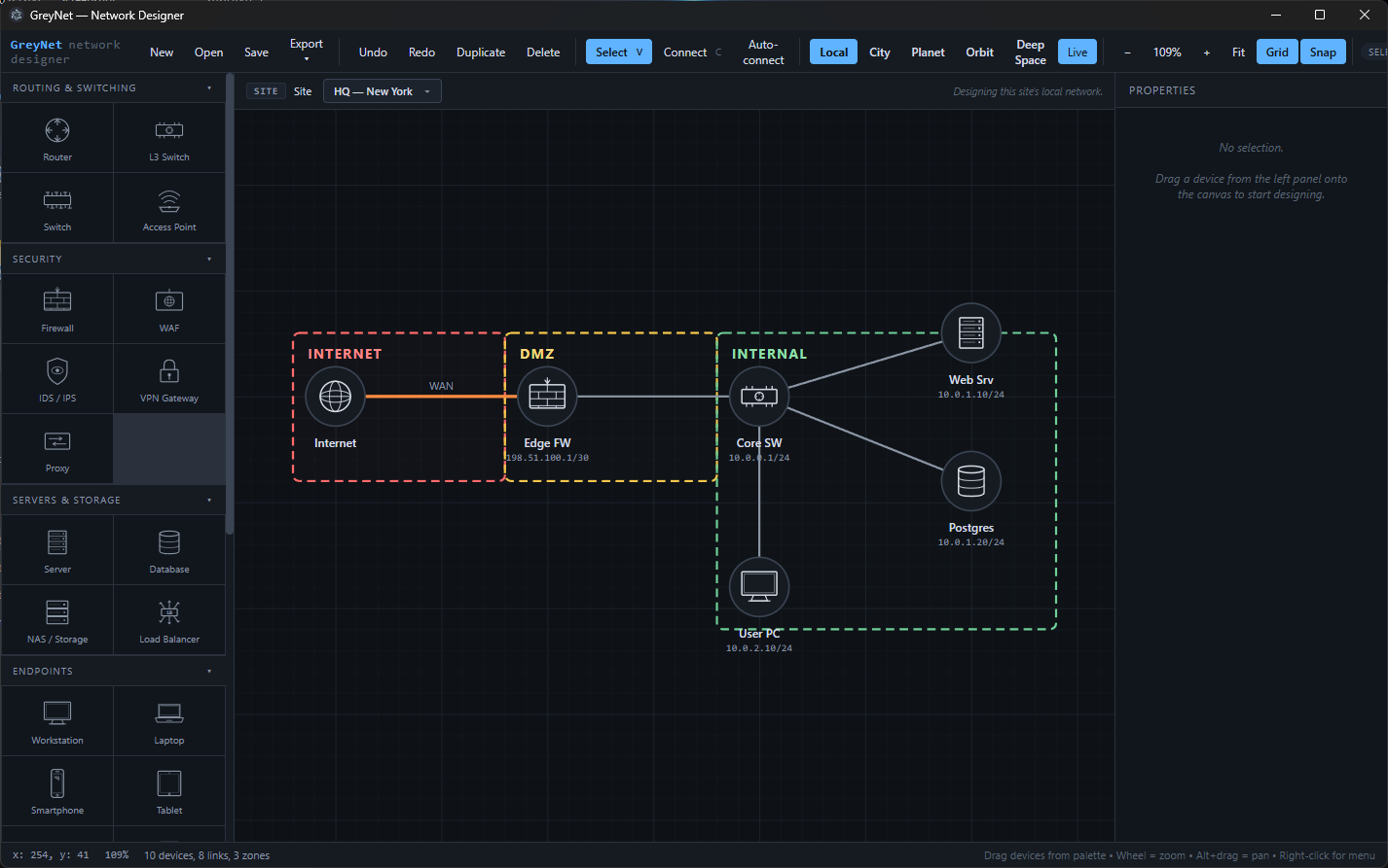 GreyNET local view: a single site with Internet, DMZ, and Internal security zones, an edge firewall, core switch, web server, Postgres database, and a user PC laid out CAD-style.